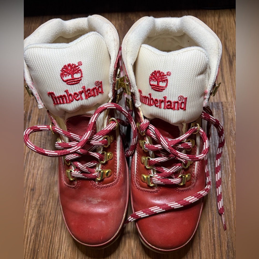 Women Timberland Euro Hiker Burgundy and Cream Hiking Boots.